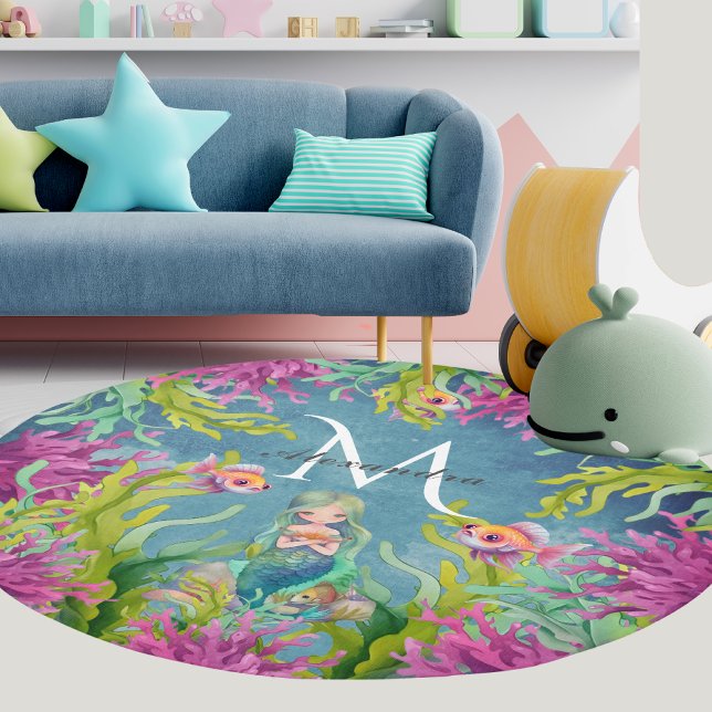 Cute Monogrammed Name Mermaid Round Rug (Creator Uploaded)