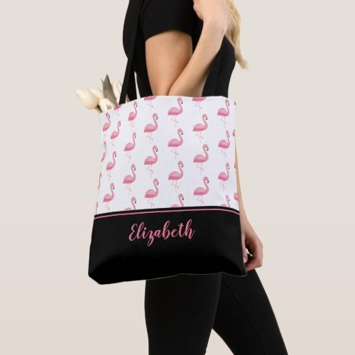 Cute Monogrammed Name Pink Flamingo Stylish Girly Tote Bag