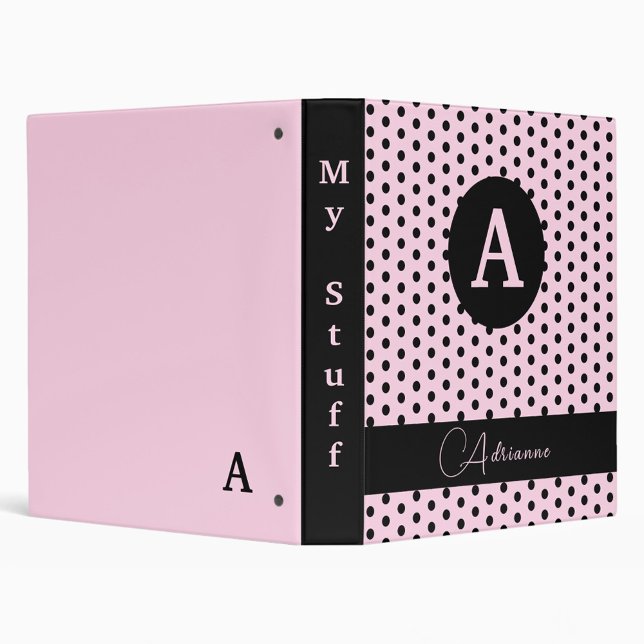 Cute Monogrammed Pink and Black Polka Dots 3 Ring Binder (Creator Uploaded)