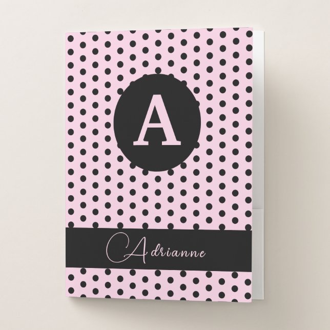 Cute Monogrammed Pink and Black Polka Dots Pocket Folder (Front)