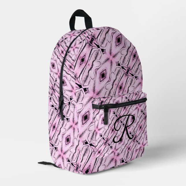 Cute Monogrammed Pink and Black Printed Backpack (Back Corner Left)