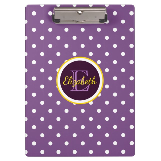 Cute Monogrammed Purple Polka Dots Clipboard (Front)