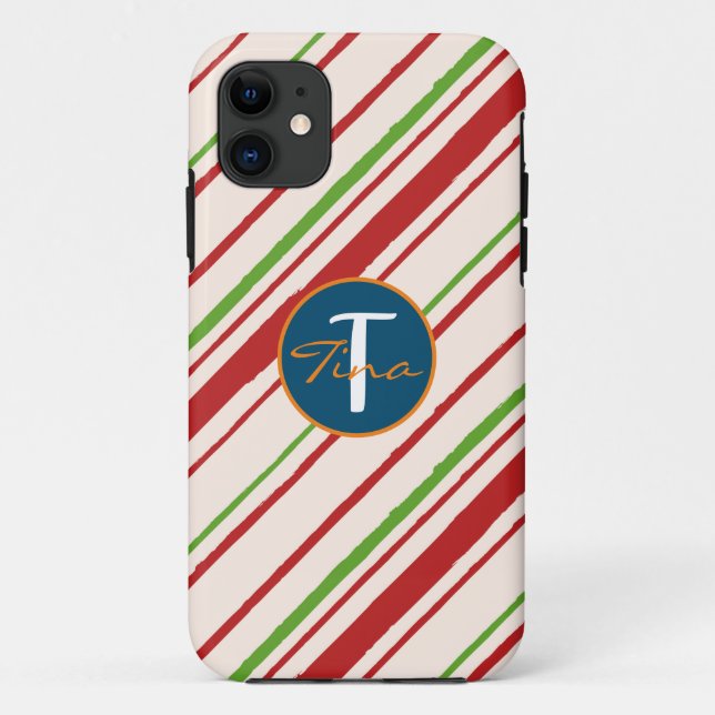 Cute monogrammed stripes red and green script      Case-Mate iPhone case (Back)