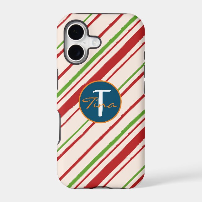 Cute monogrammed stripes red and green script      iphone case (Back)