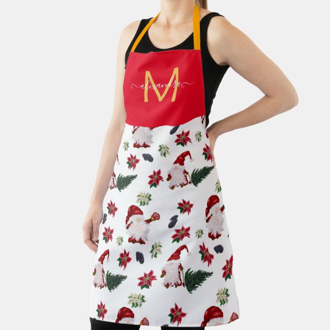 Cute monogrammed watercolor christmas gnome apron (Insitu)