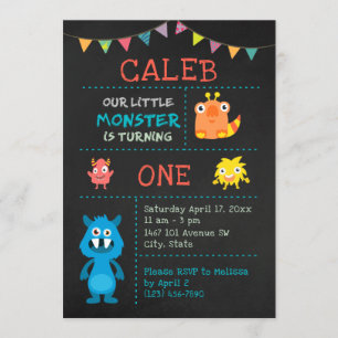Cute Monster 1st Birthday Chalkboard Banner Invitation