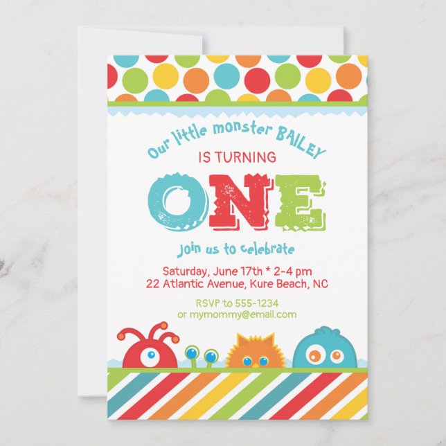 Cute Monster 1st First Birthday Invitation (Front)