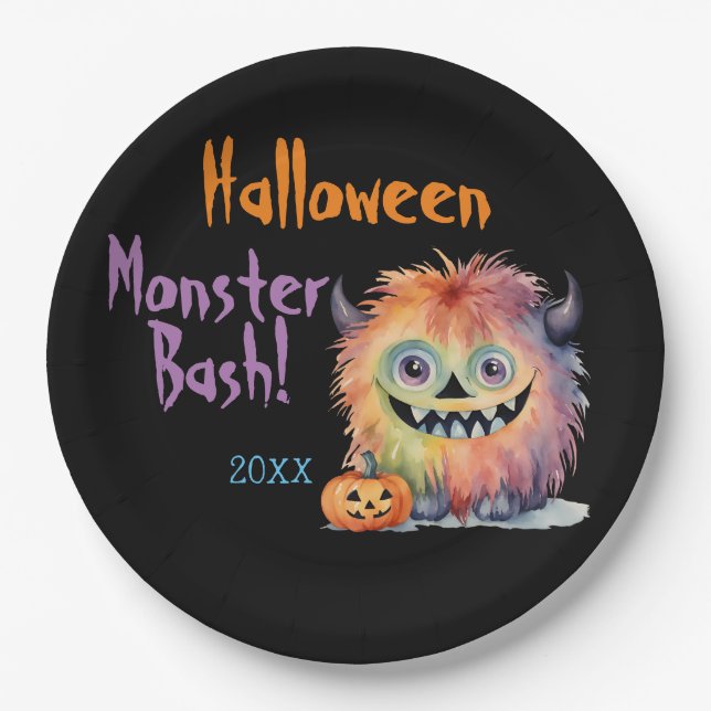 Cute Monster Bash Halloween Party Paper Plates (Front)