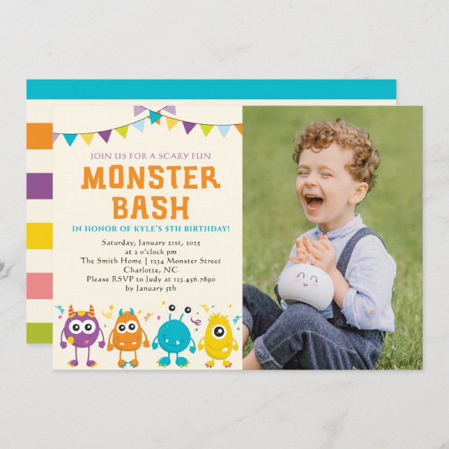 Cute Monster bash photo birthday party Invitation (Front/Back)