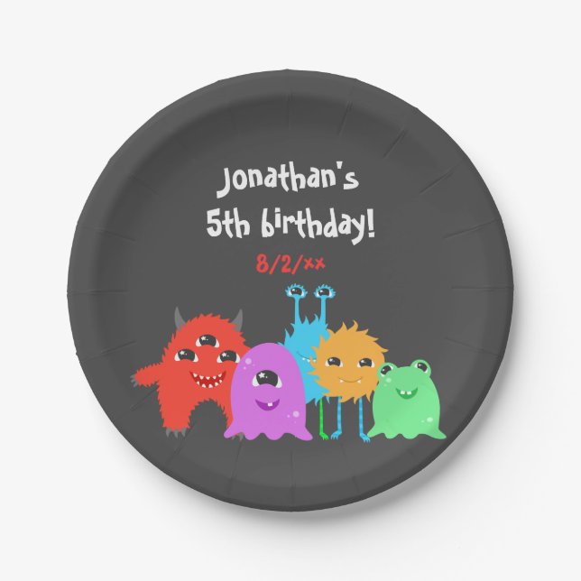 Cute Monster Birthday Paper Plates (Front)