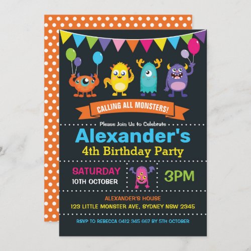 Cute Monster Birthday Party Chalkboard Invitation