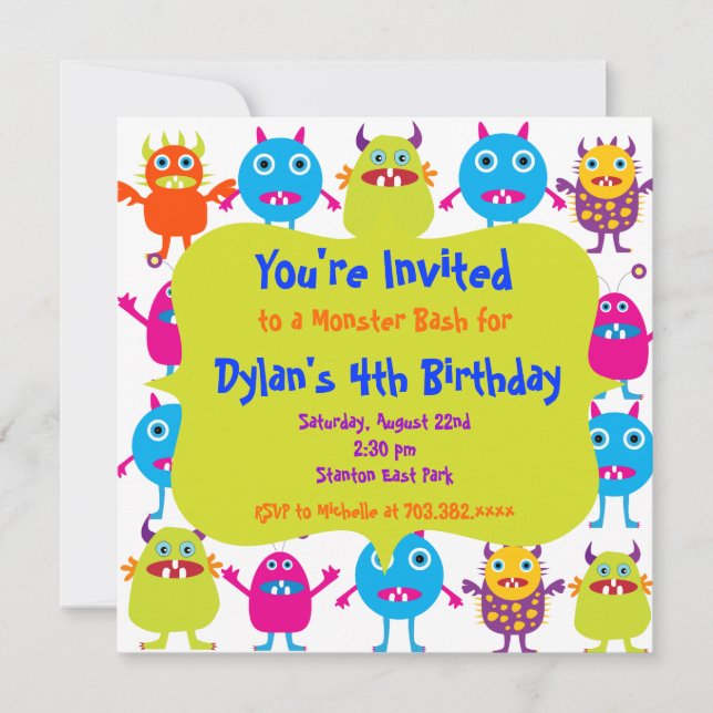 Cute Monster Birthday Party Invitation Templates (Front)