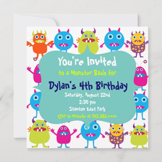 Cute Monster Birthday Party Invitation Templates (Front)