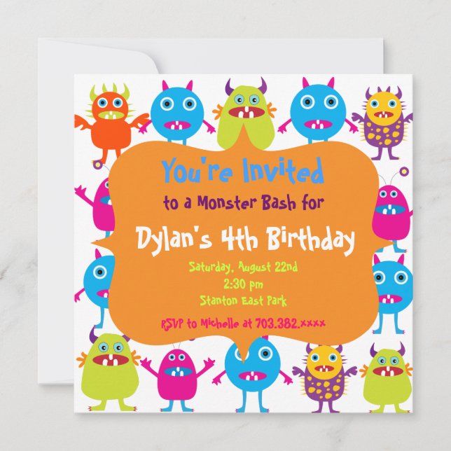 Cute Monster Birthday Party Invitation Templates (Front)