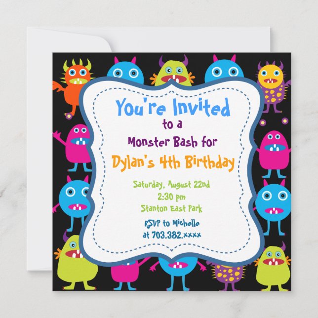 Cute Monster Birthday Party Invitation Templates (Front)