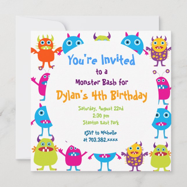 Cute Monster Birthday Party Invitation Templates (Front)