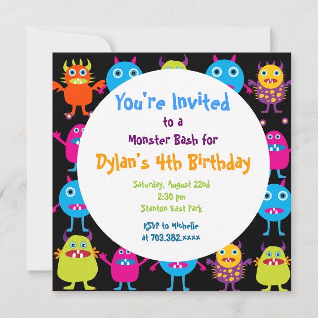 Cute Monster Birthday Party Invitation Templates (Front)