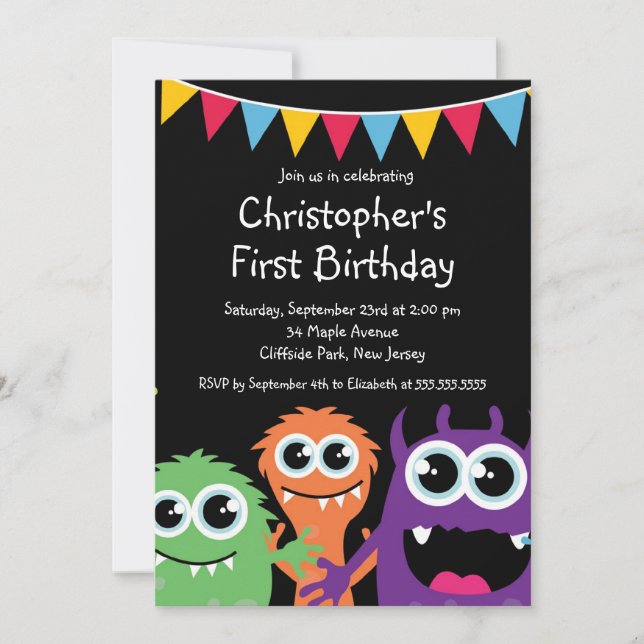 Cute Monster Birthday Party Invitations (Front)
