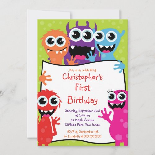 Cute Monster Birthday Party Invitations