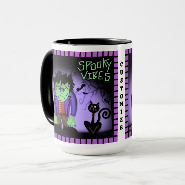 Cute Monster Black Cat Spooky Purple Customizable Mug (Front Left)