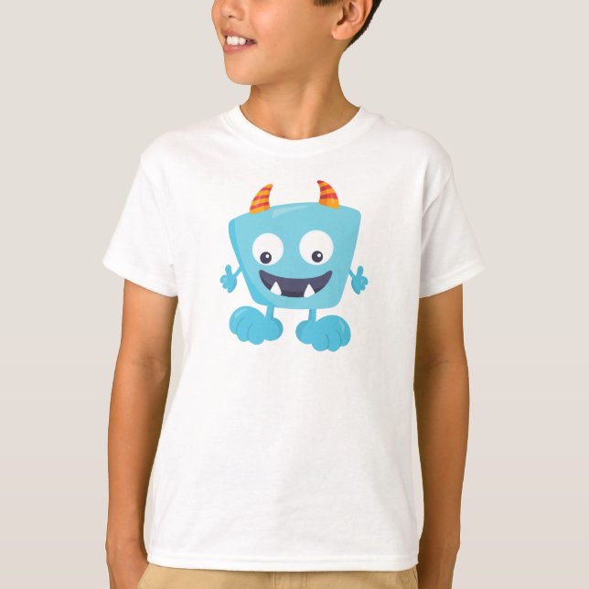 Cute Monster, Blue Monster, Funny Monster, Horns T-Shirt (Front)