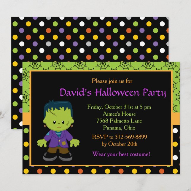 Cute Monster Boy Halloween Costume Party Invitation (Front/Back)