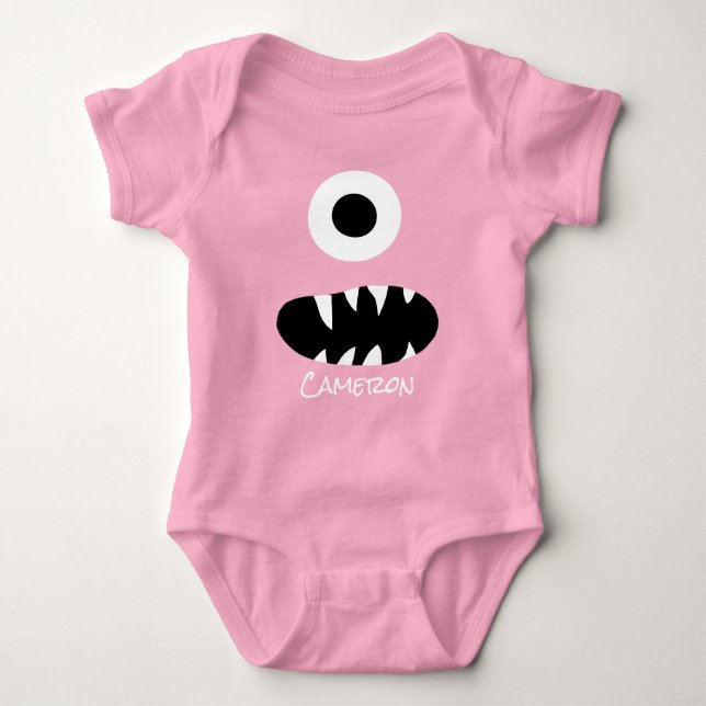 Cute Monster Face Silly Personalized Baby Red Baby Bodysuit (Front)