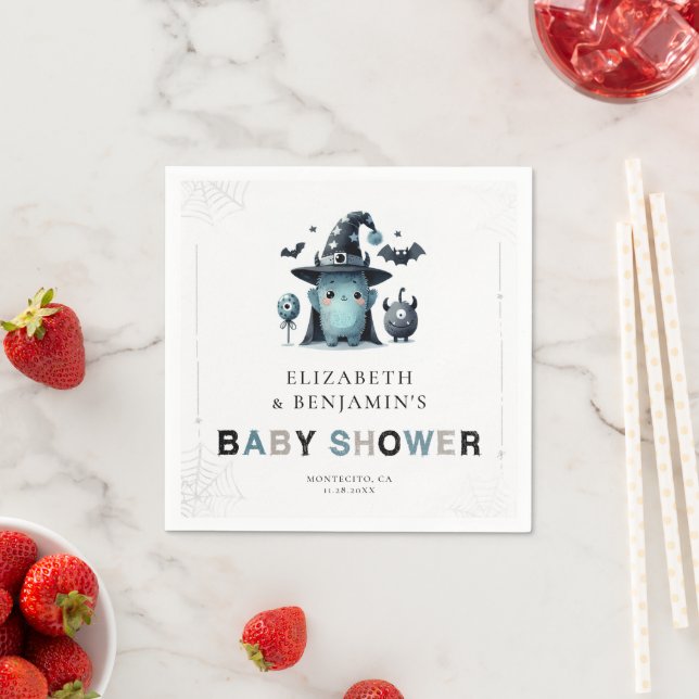Cute Monster Fall Halloween Blue Coed Baby Shower Napkins (Insitu)