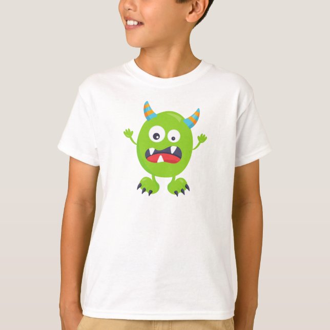 Cute Monster, Green Monster, Funny Monster, Horns T-Shirt (Front)