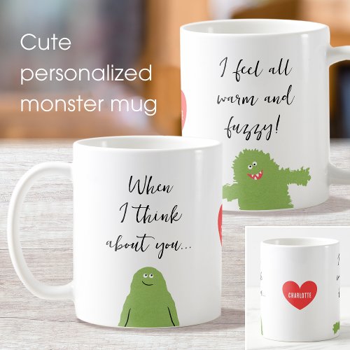 Cute Monster Love Heart Green Custom Name Coffee Mug