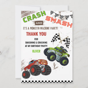 Cute Monster Machine Car Truck Kid Birthday Boy Thank You Card