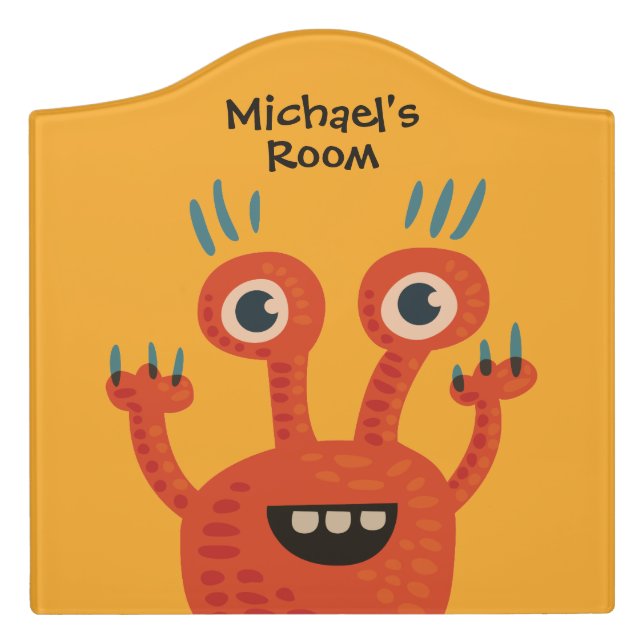 Cute Monster Orange Kids Door Sign (Large Crest Front)
