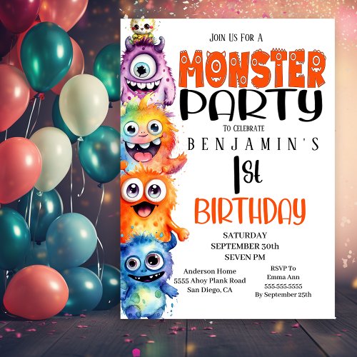 Cute Monster Party 1st Birthday Invitation
