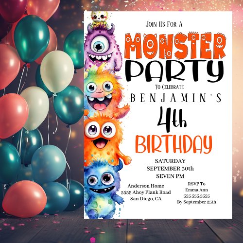 Cute Monster Party 4th Birthday Invitation