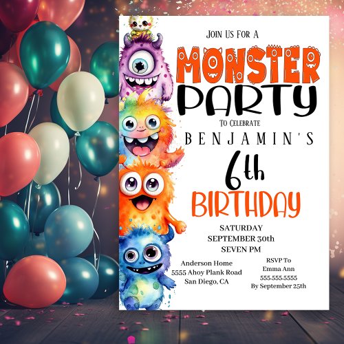 Cute Monster Party 6th Birthday Invitation
