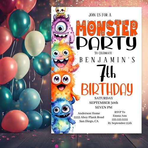 Cute Monster Party 7th Birthday Invitation