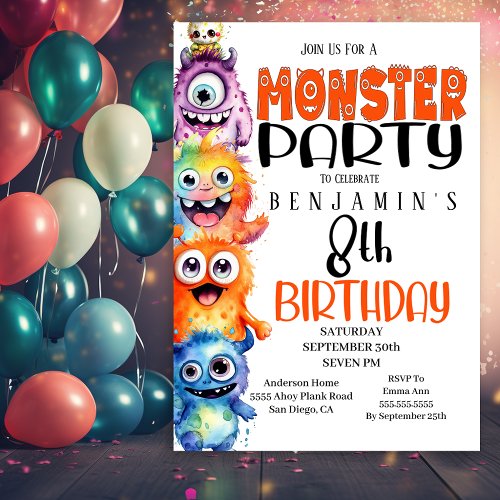 Cute Monster Party 8th Birthday Invitation