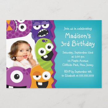Cute Monster Photo Birthday Party Invitations by alleventsinvitations at Zazzle
