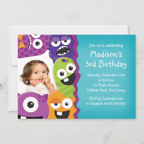 Cute Monster Photo Birthday Party Invitations