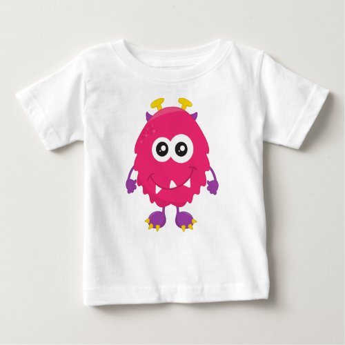 Cute Monster Pink Monster Horns Funny Monster Baby T_Shirt