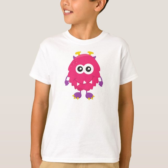 Cute Monster, Pink Monster, Horns, Funny Monster T-Shirt (Front)