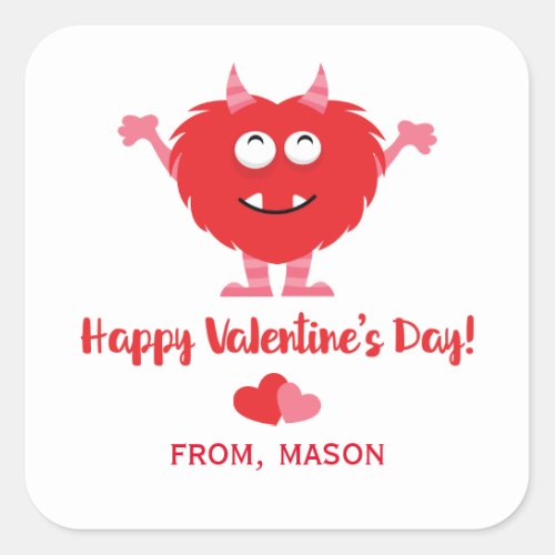 Cute Monster Red and Pink Hearts Valentines Day Square Sticker