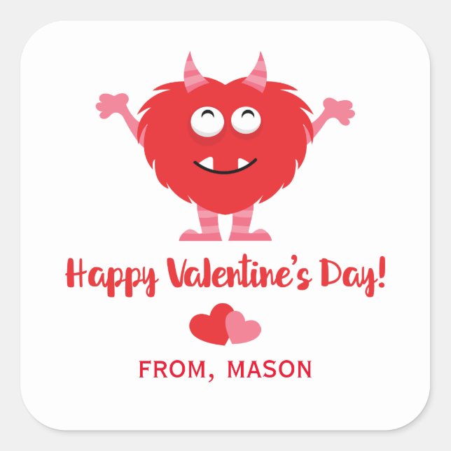 Cute Monster Red and Pink Hearts Valentine's Day Square Sticker (Front)