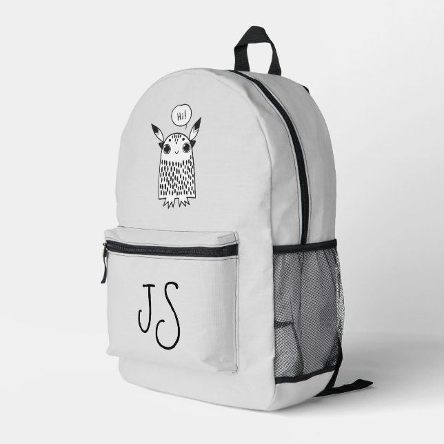 Cute monster silver grey monogram minimalist  printed backpack (Back Corner Right)