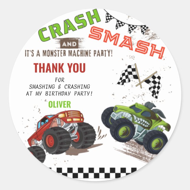 Cute Monster Thank You Car Truck Kids Birthday  Classic Round Sticker (Front)