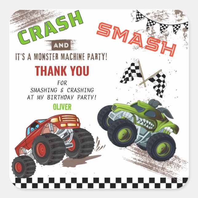 Cute Monster Thank You Car Truck Kids Birthday  Square Sticker (Front)