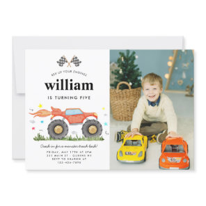 Cute Monster Truck Bash Race Photo Kids Birthday Invitation