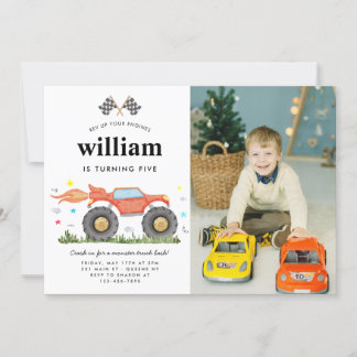 Cute Monster Truck Bash Race Photo Kids Birthday Invitation