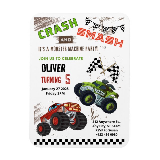 Cute Monster Truck Kids Birthday Flexible Card Magnet (Vertical)