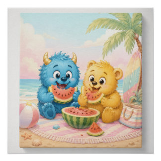 Cute Monster Watermelon Beach Picnic Kids Wall Art
